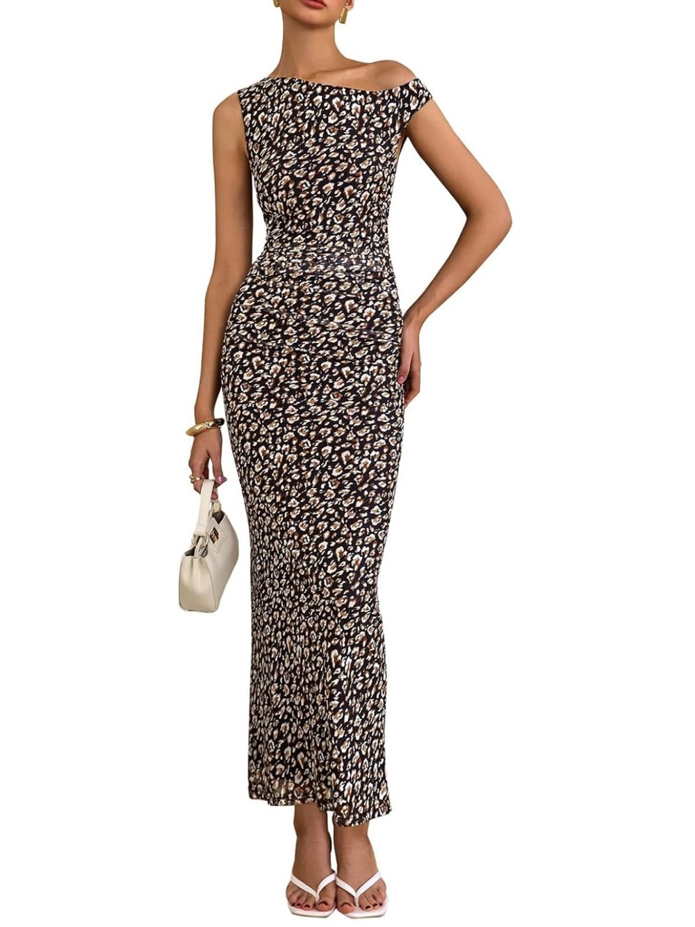 PRETTYGARDEN Summer Floral One Shoulder Maxi Ruched Mesh Bodycon Dress. Size M